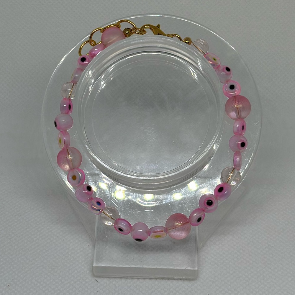 Handmade Gold Wire Bracelet with Pink Evil Eye Beads